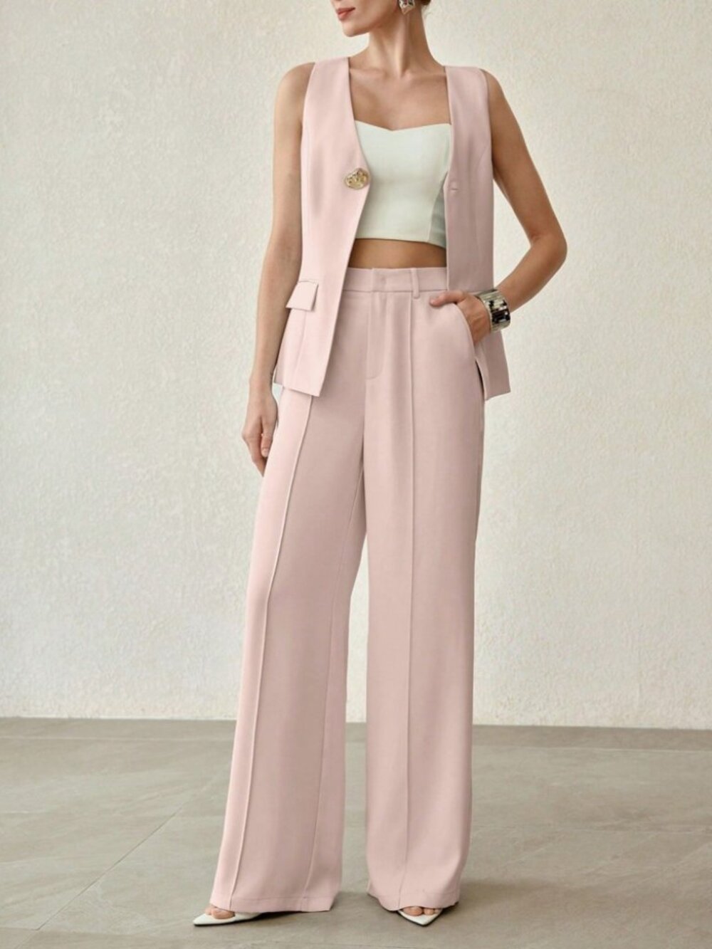 Blush Pink Sleeveless Vest & Wide Leg Trouser Set